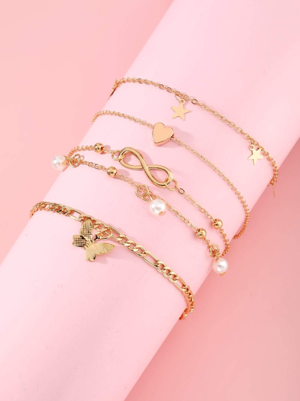 Ensemble de 4 chevillères élégantes et luxueuses avec pendentifs en forme de cœur et de papillon ornés de fausses perles