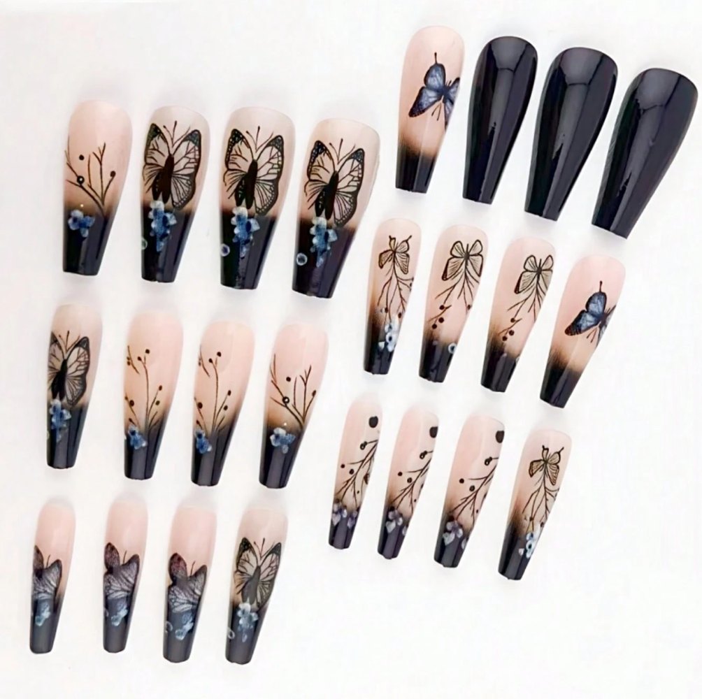 24 Pièces Ongles à Presser – Noir Brillant avec Motif Papillon, Élégance Instantanée