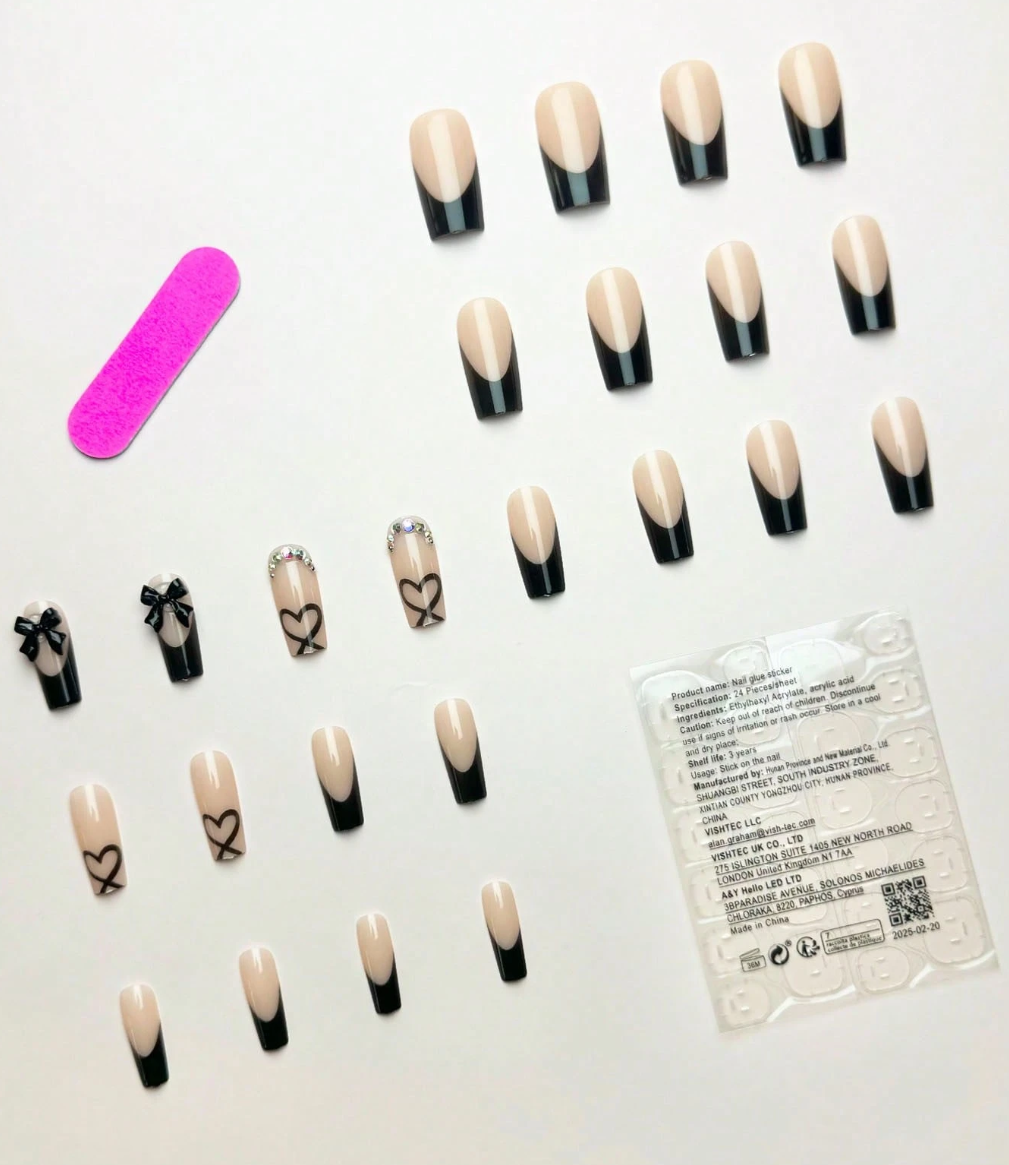 24 Ongles Press-On Y2K – Design Élégant avec Nœud Noir et Strass, Kit Complet