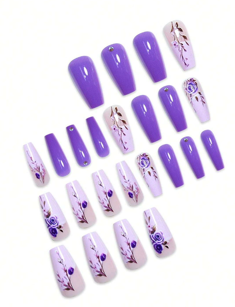Coffret 24 Faux Ongles Carrés Dégradé Violet & Lilas – Motif Floral Rose avec Gelée et Lime Incluses