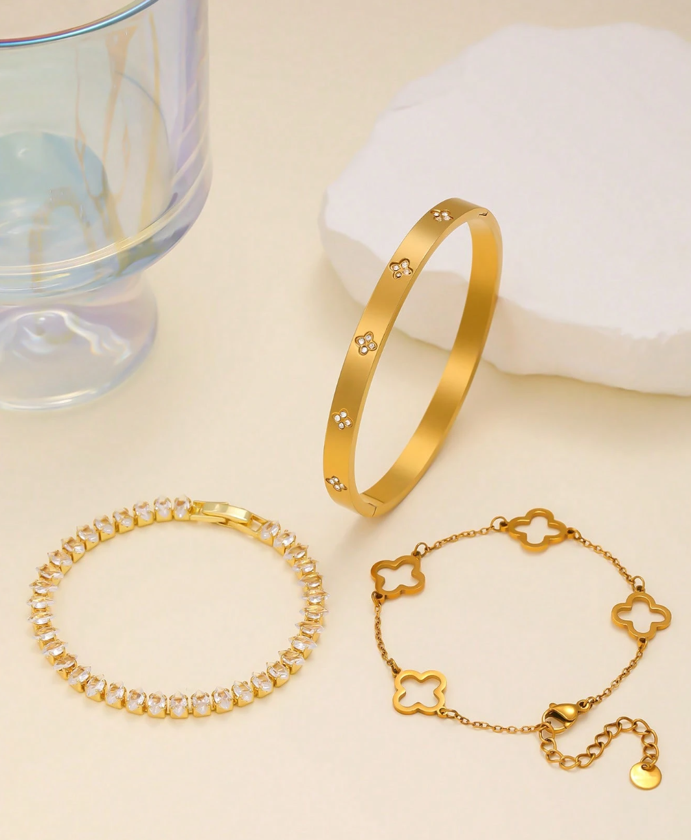 Bracelet Femme en Acier Inoxydable – Trèfle Zirconé, Raffiné et Symbolique
