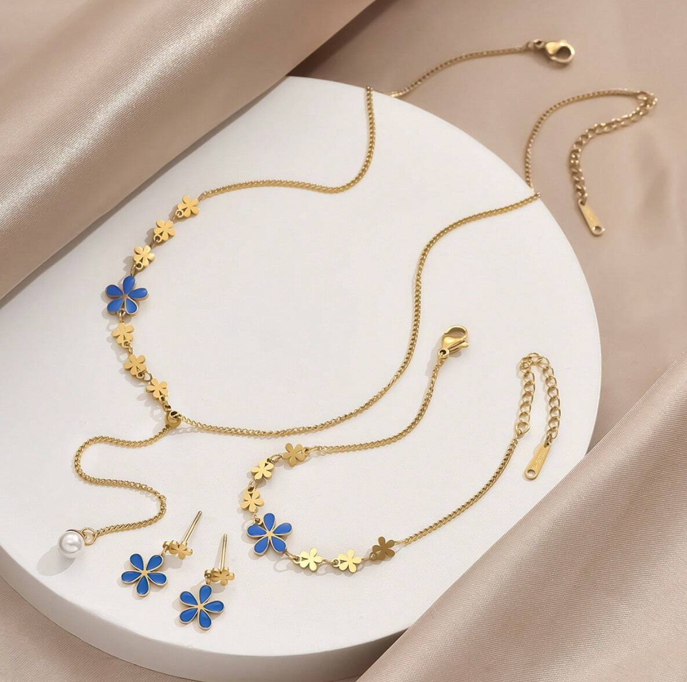 Ensemble Bijoux Femme en acier inoxydable : Collier, Bracelet, Boucles d’Oreilles Fleur Bleue