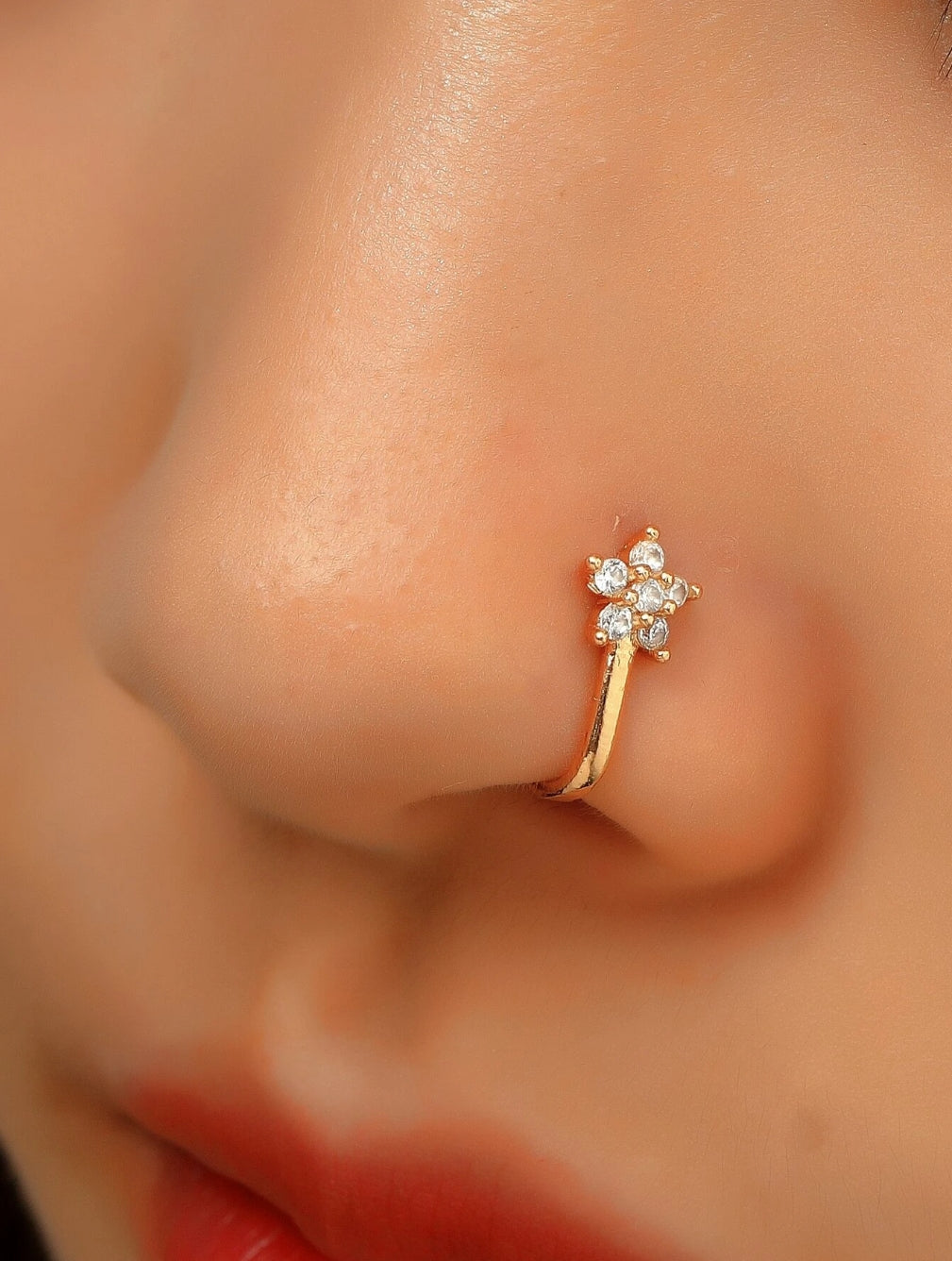 Cuff de nez en cuivre décoré de zircone cubique, style punk, non piercing.