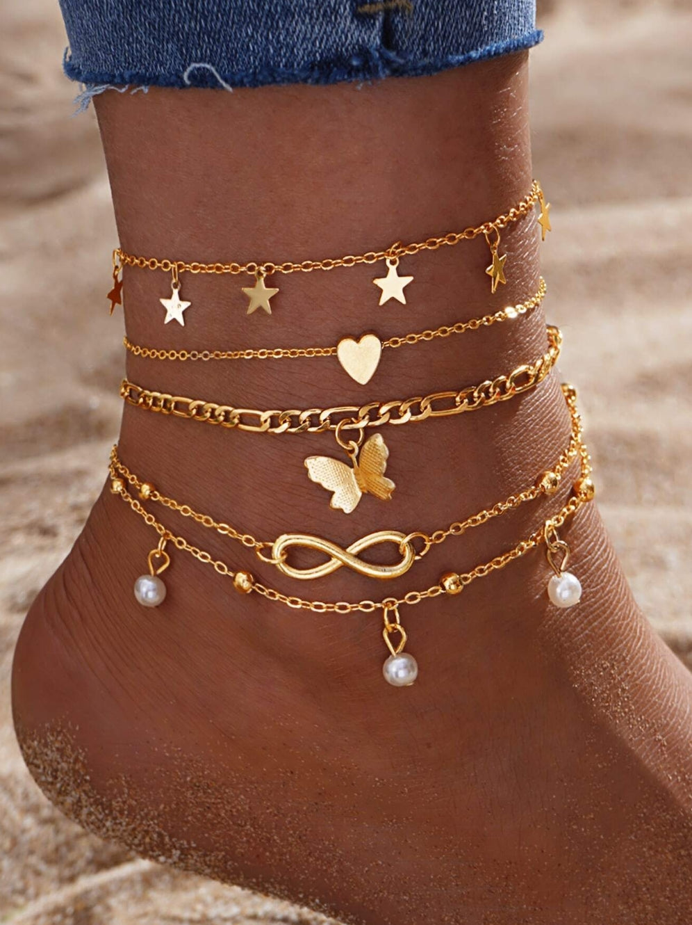 Ensemble de 4 chevillères élégantes et luxueuses avec pendentifs en forme de cœur et de papillon ornés de fausses perles