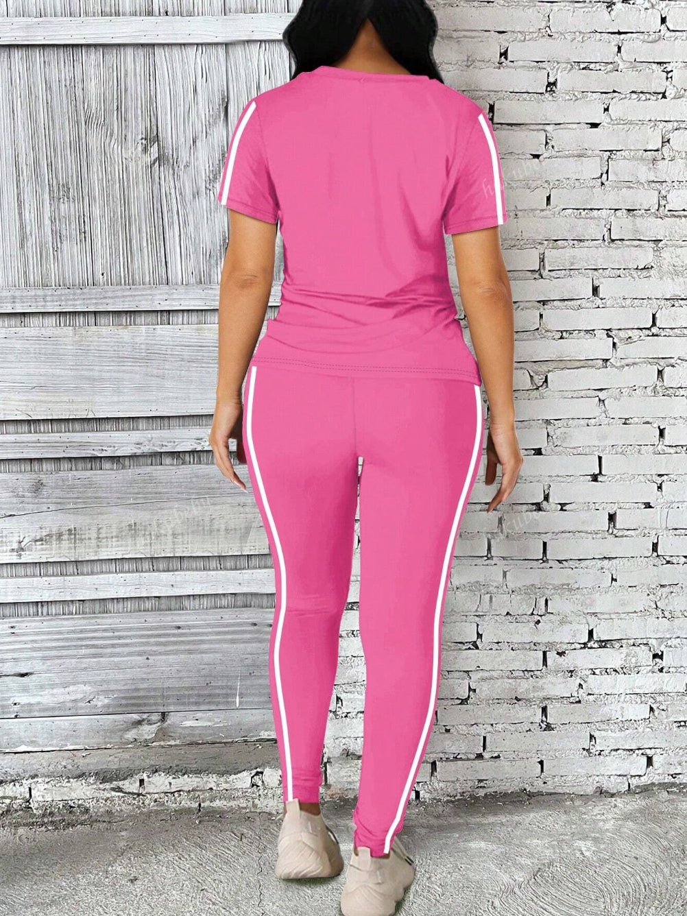 2 pièces Ensemble top court à manches courtes et pantalon rayés col rond pour le sport