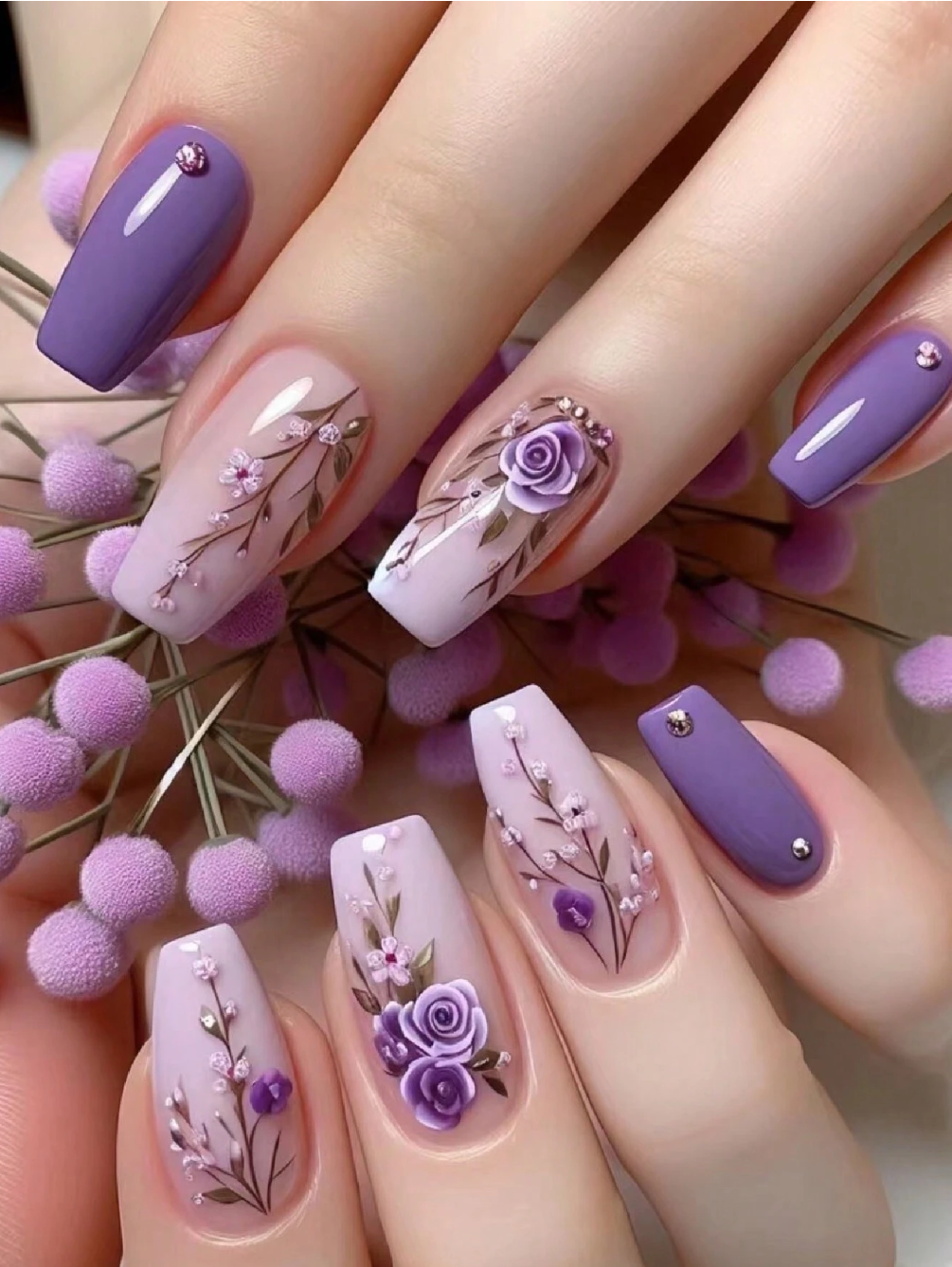 Coffret 24 Faux Ongles Carrés Dégradé Violet & Lilas – Motif Floral Rose avec Gelée et Lime Incluses