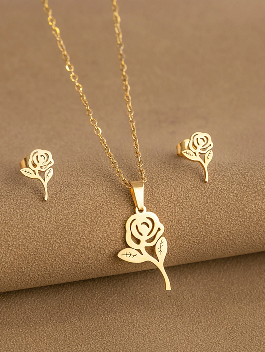 Ensemble Collier & Boucles d’Oreilles Rose en Acier Inoxydable Doré