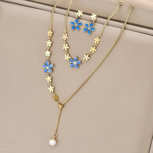 Ensemble Bijoux Femme en acier inoxydable : Collier, Bracelet, Boucles d’Oreilles Fleur Bleue