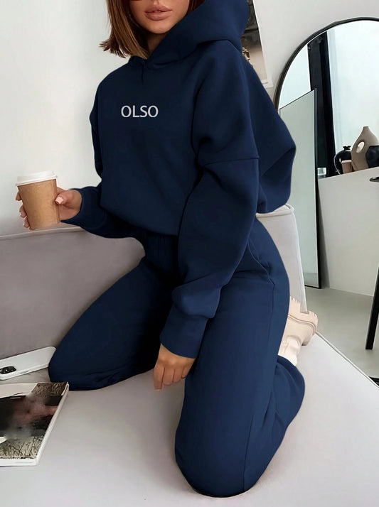 2 pièces Ensemble casual de femme avec Sweat-shirt à capuche à manches longues imprimé de lettre et pantalon, automne/hiver
