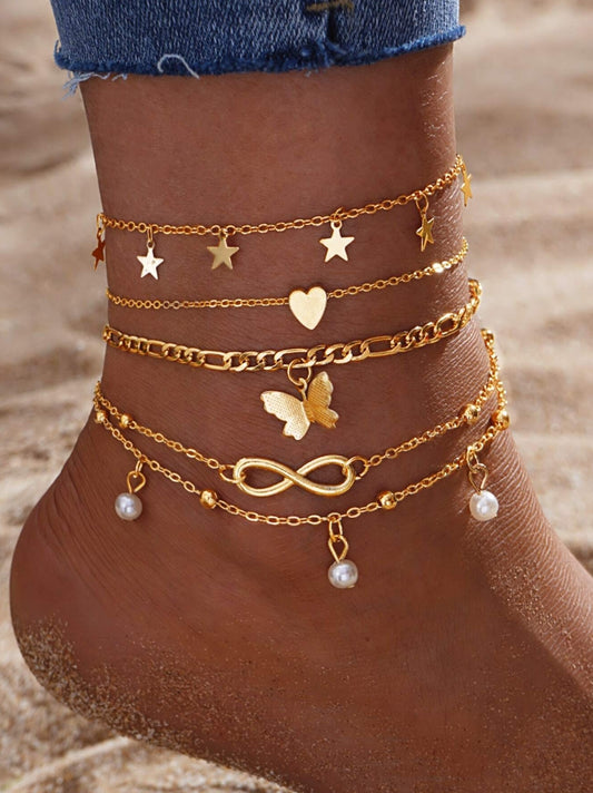 Ensemble de 4 chevillères élégantes et luxueuses avec pendentifs en forme de cœur et de papillon ornés de fausses perles